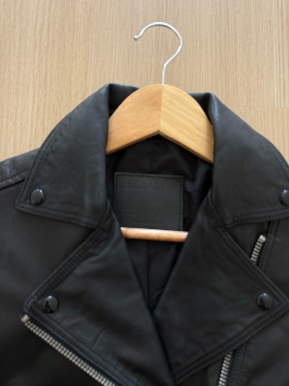All Saints Black Leather Leather Jacket NWOT XS 0 - Picture 2 of 4